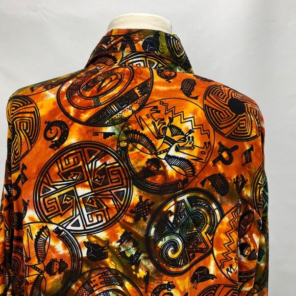 Vintage 90s Y2K Woman Blouse Medium Button Up Orange Boho Peasant Tribal Novelty - Picture 11 of 16